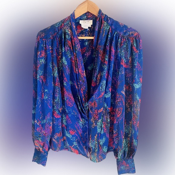 Brocade Plunging V Neck Vintage 80s Silky Long Slv Blue Top Party Satin Blouse - Picture 1 of 11